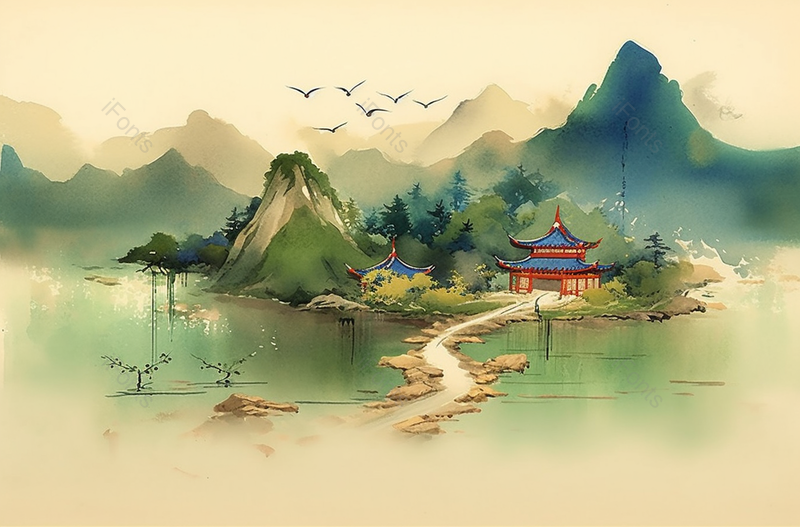 中国风大自然风景亭台复古背景,插画/手绘图,插画/手绘图库,插画/手绘图下载,插画/手绘